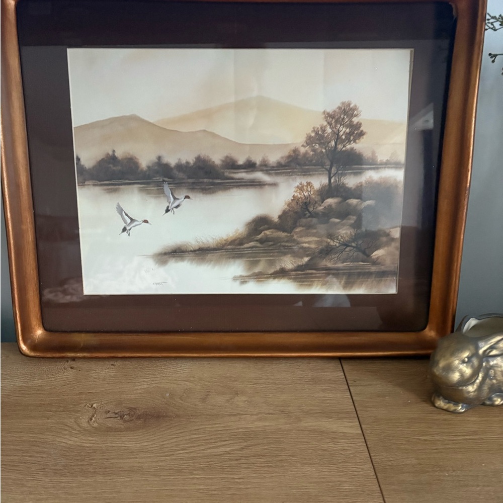 🖼️ Vintage F. Massa Framed Watercolor Print – Ducks in Flight Over Lake